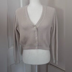 Brandy Melville Beige Button-Up Cropped Ribbed Knit Cardigan